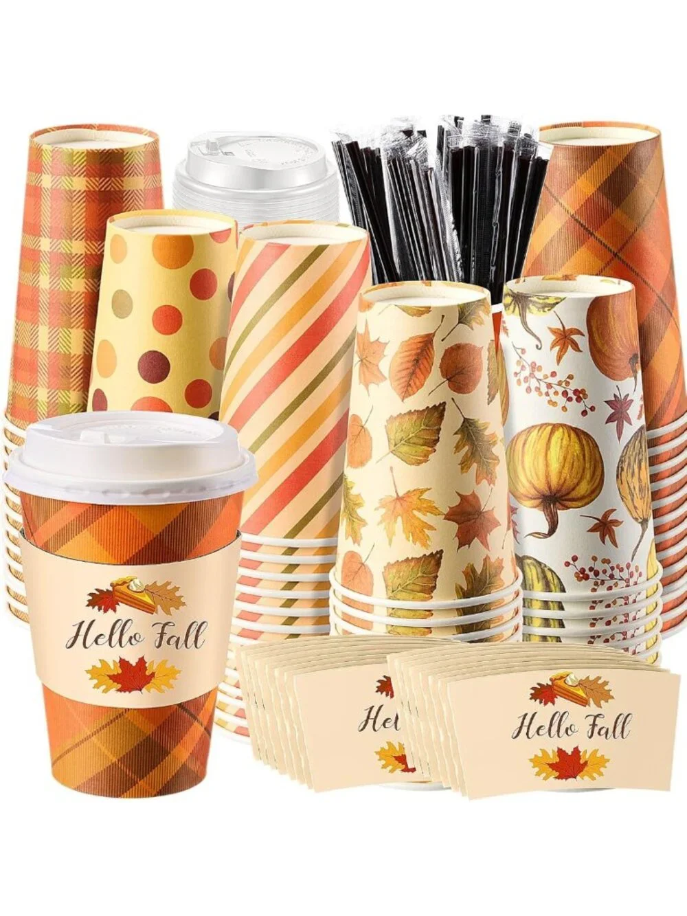 120 Fall Disposable Coffee Cups with Lids - Perfect for Hot Cocoa & Beverages